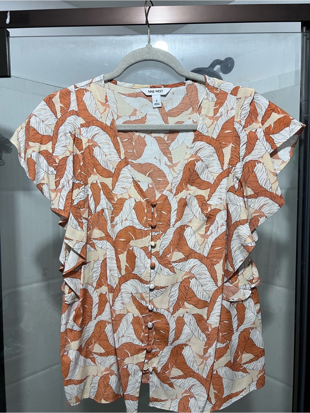 Nine West Rust and Cream Leaf-Print Button Front Blouse